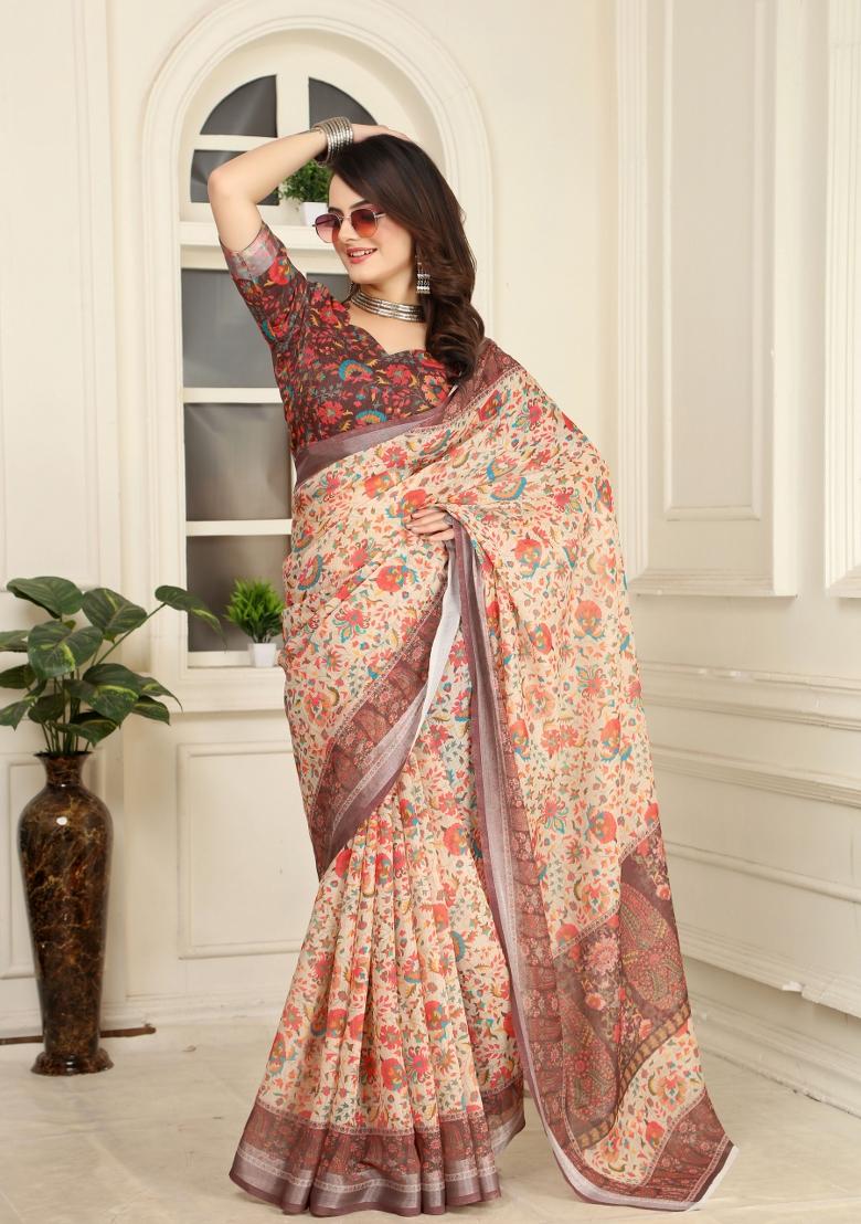 Beige Printed Cotton Saree Set - Indya