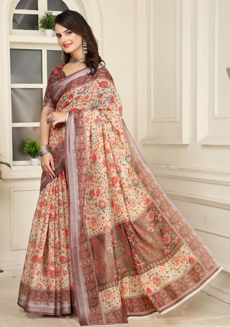 Beige Printed Cotton Saree Set - Indya