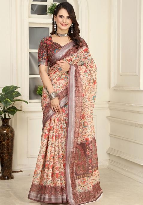 Beige Printed Cotton Saree Set