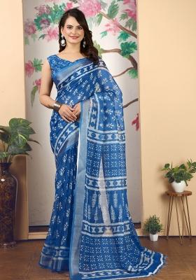 Blue Printed Cotton Saree Set