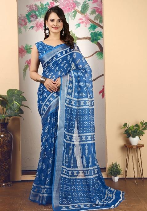 Blue Printed Cotton Saree Set