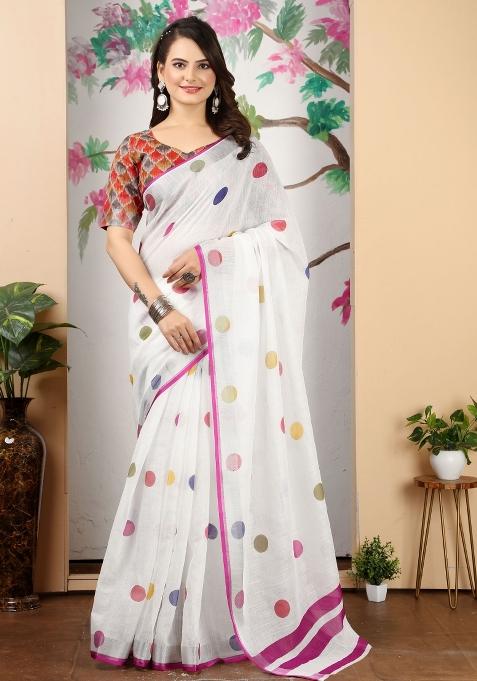 White Printed Cotton Saree Set