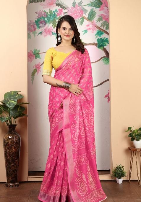 Pink Printed Cotton Saree Set