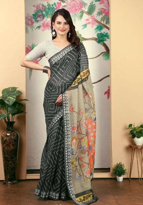 Black Printed Cotton Saree Set