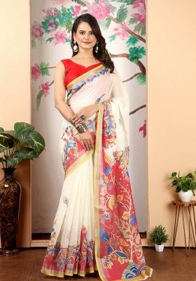 Beige Printed Cotton Saree Set