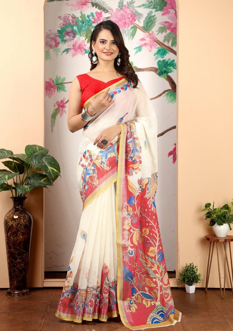 Beige Printed Cotton Saree Set - Indya