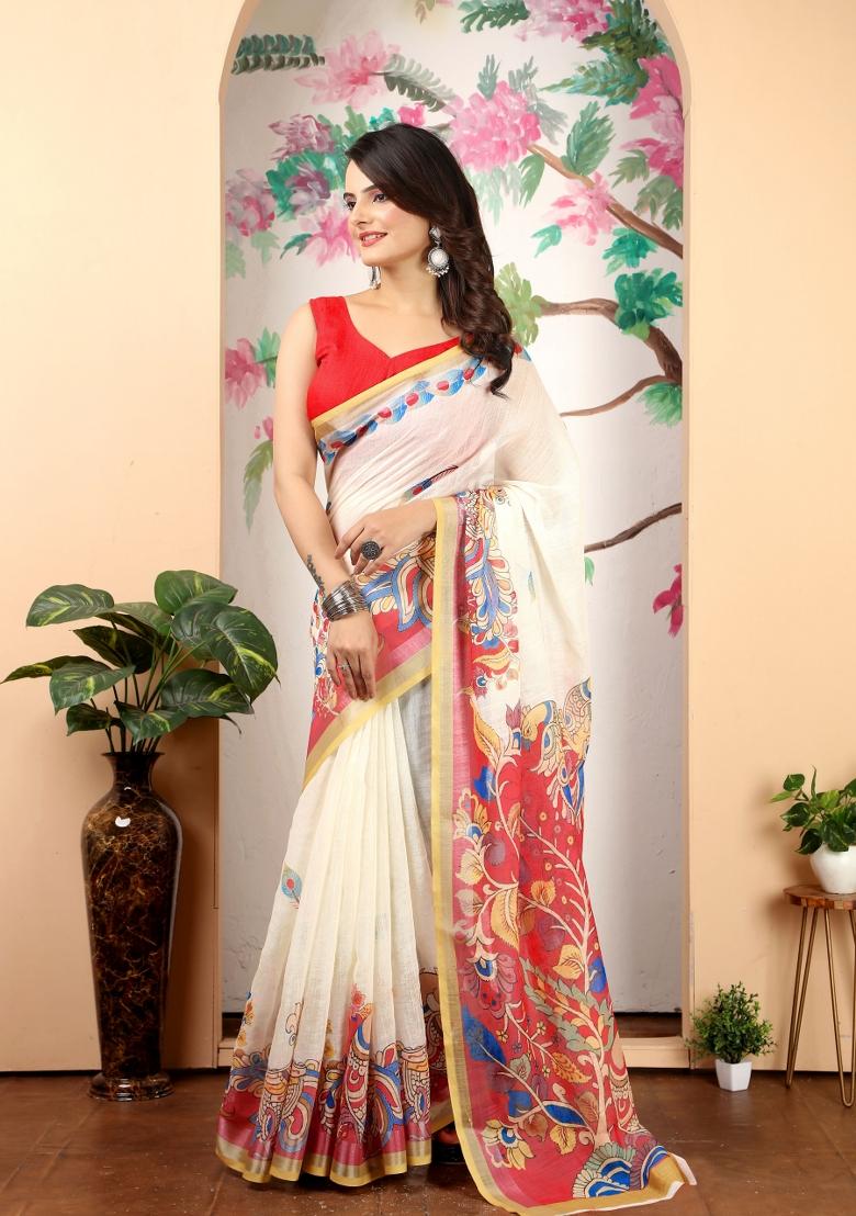 Beige Printed Cotton Saree Set - Indya