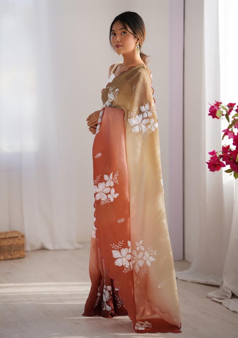 Multi Embroidered Chiffon Saree Set - Indya