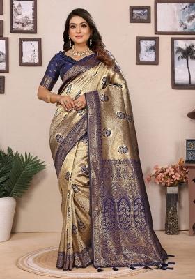 Blue Embroidered Silk Saree Set