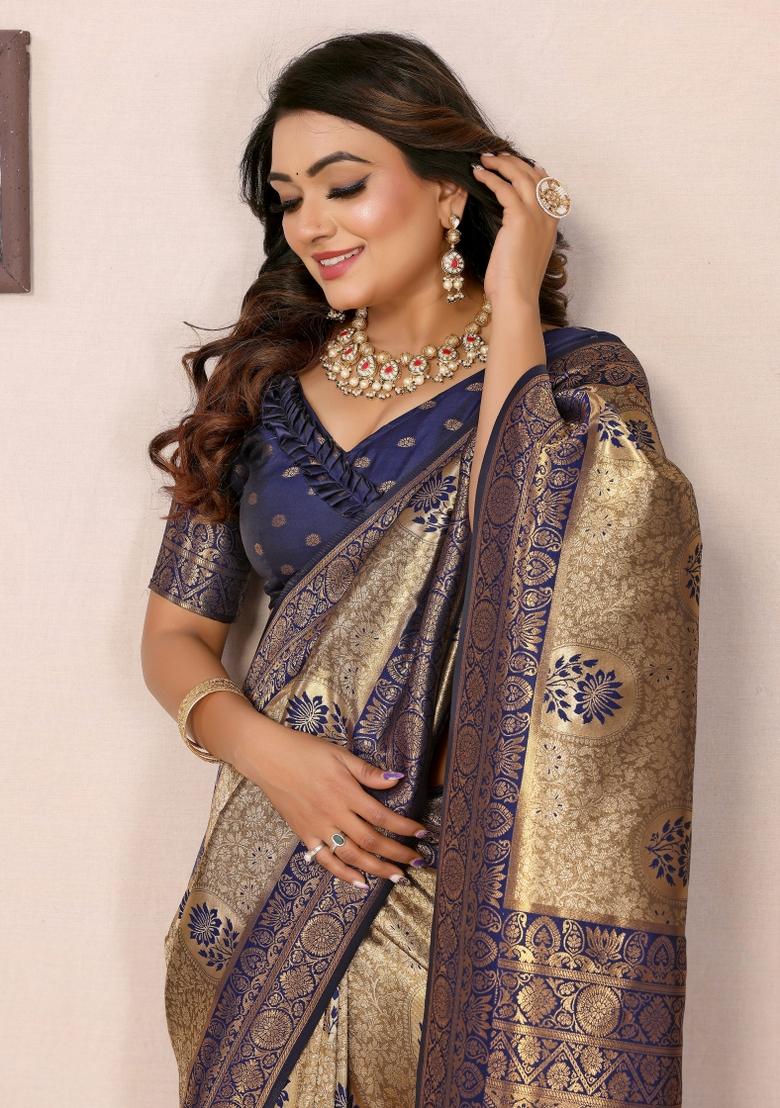 Blue Embroidered Silk Saree Set - Indya