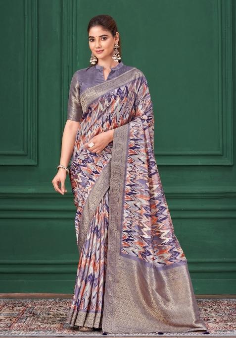 Purple Embroidered Silk Saree Set