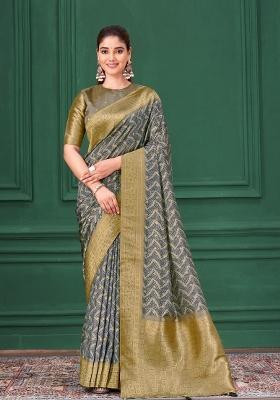 Grey Embroidered Silk Saree Set