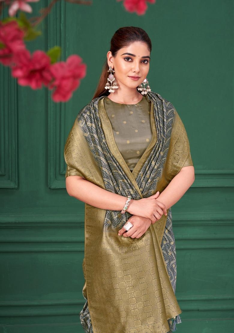Grey Embroidered Silk Saree Set - Indya
