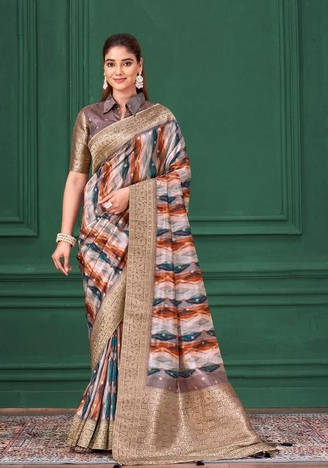 Purple Embroidered Silk Saree Set