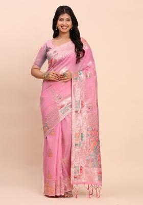 Pink Embroidered Cotton Saree Set