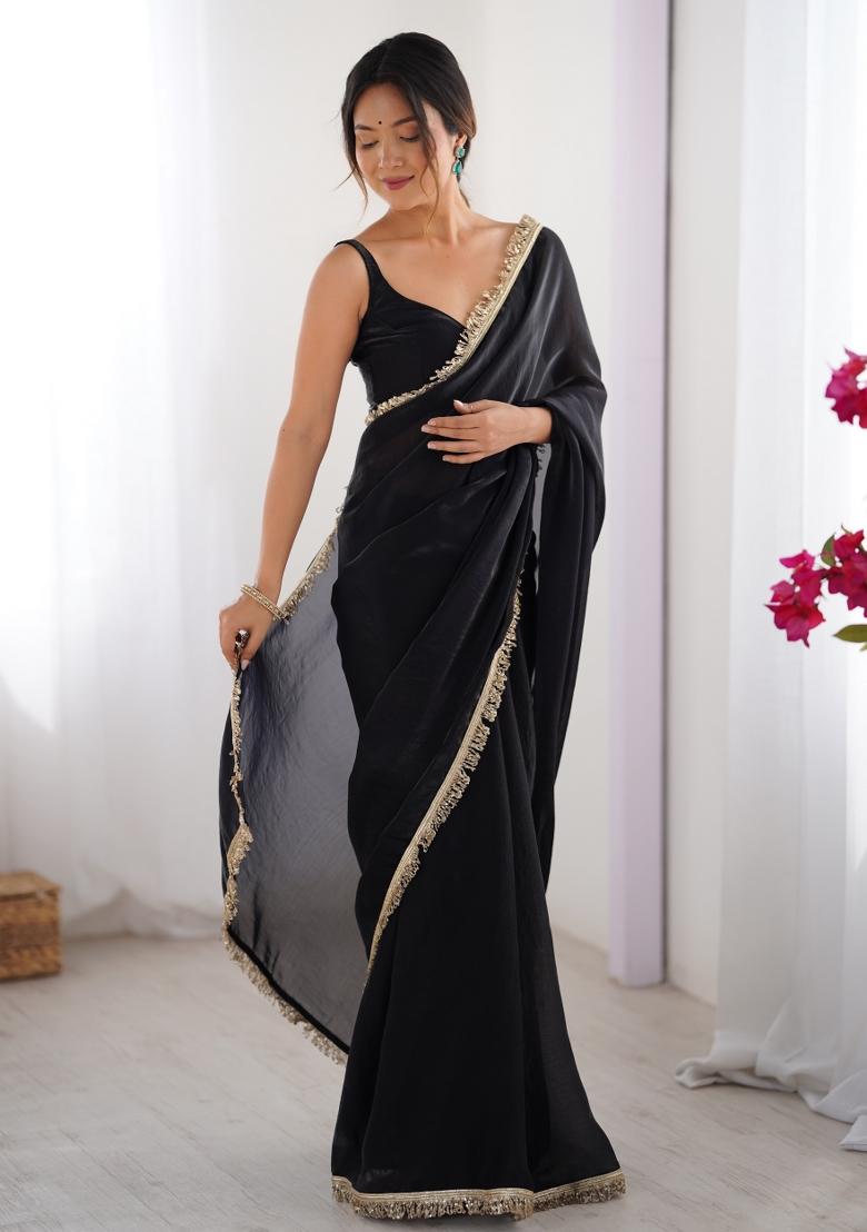 Black Embroidered Chiffon Saree Set - Indya
