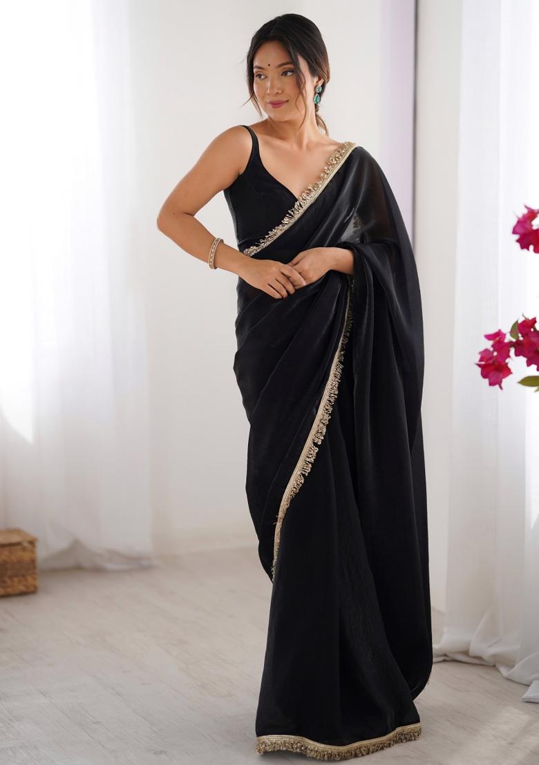 Black Embroidered Chiffon Saree Set - Indya