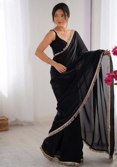 Black Embroidered Chiffon Saree Set — view on Indya