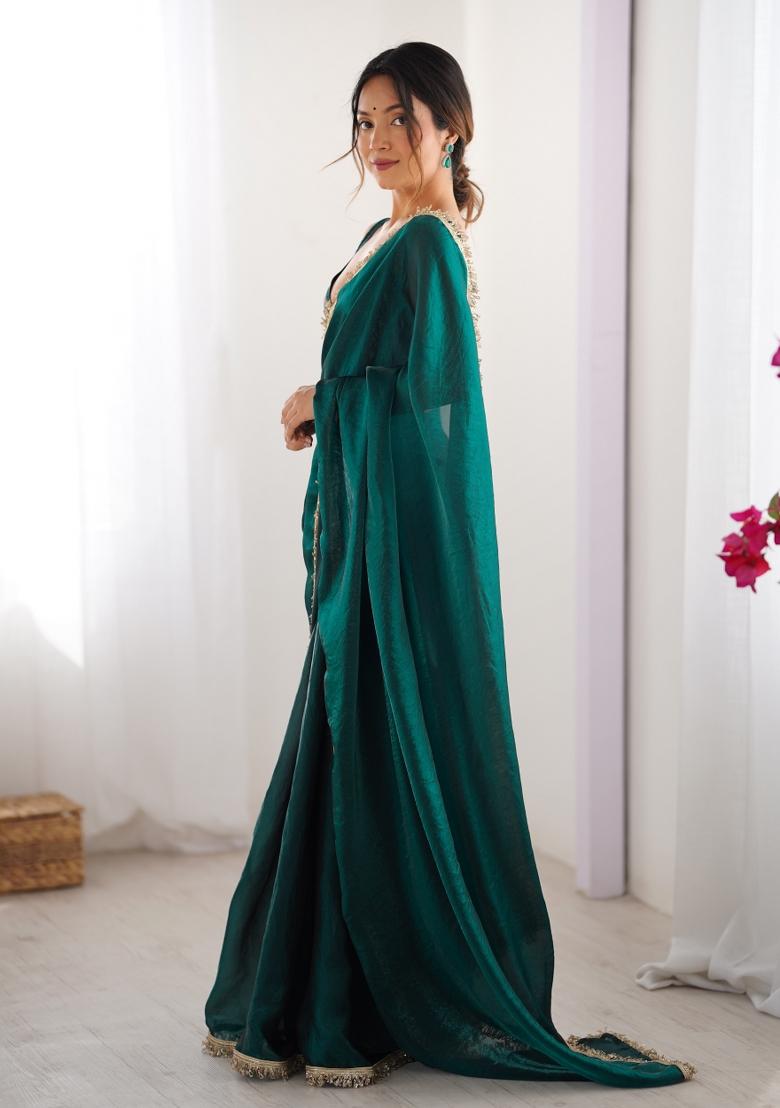 Green Embroidered Chiffon Saree Set - Indya