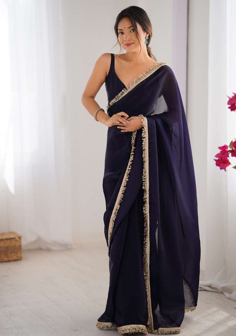 Purple Embroidered Chiffon Saree Set - Indya