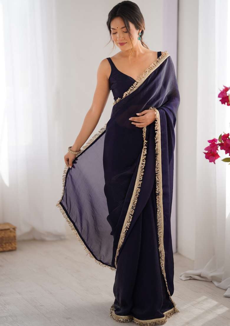 Purple Embroidered Chiffon Saree Set - Indya