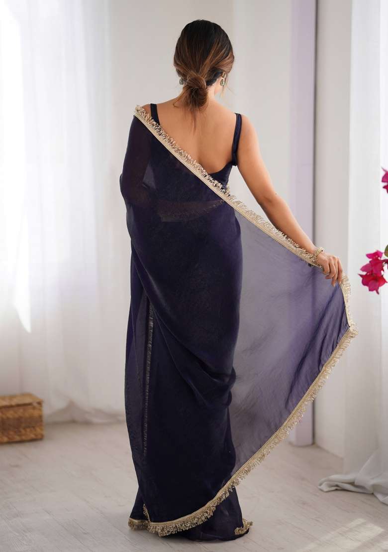 Purple Embroidered Chiffon Saree Set - Indya