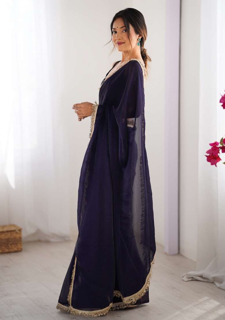 Purple Embroidered Chiffon Saree Set - Indya