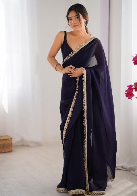 Purple Embroidered Chiffon Saree Set