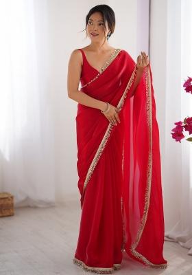 Red Embroidered Chiffon Saree Set