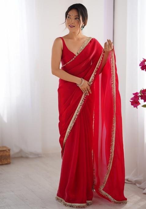 Red Embroidered Chiffon Saree Set
