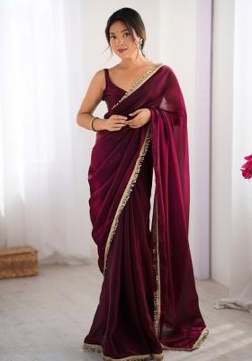 Wine Embroidered Chiffon Saree Set