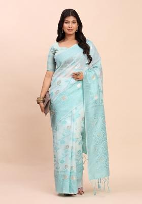 Blue Embroidered Cotton Saree Set