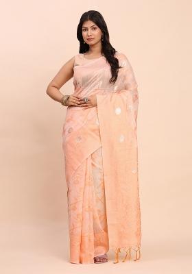 Peach Embroidered Cotton Saree Set