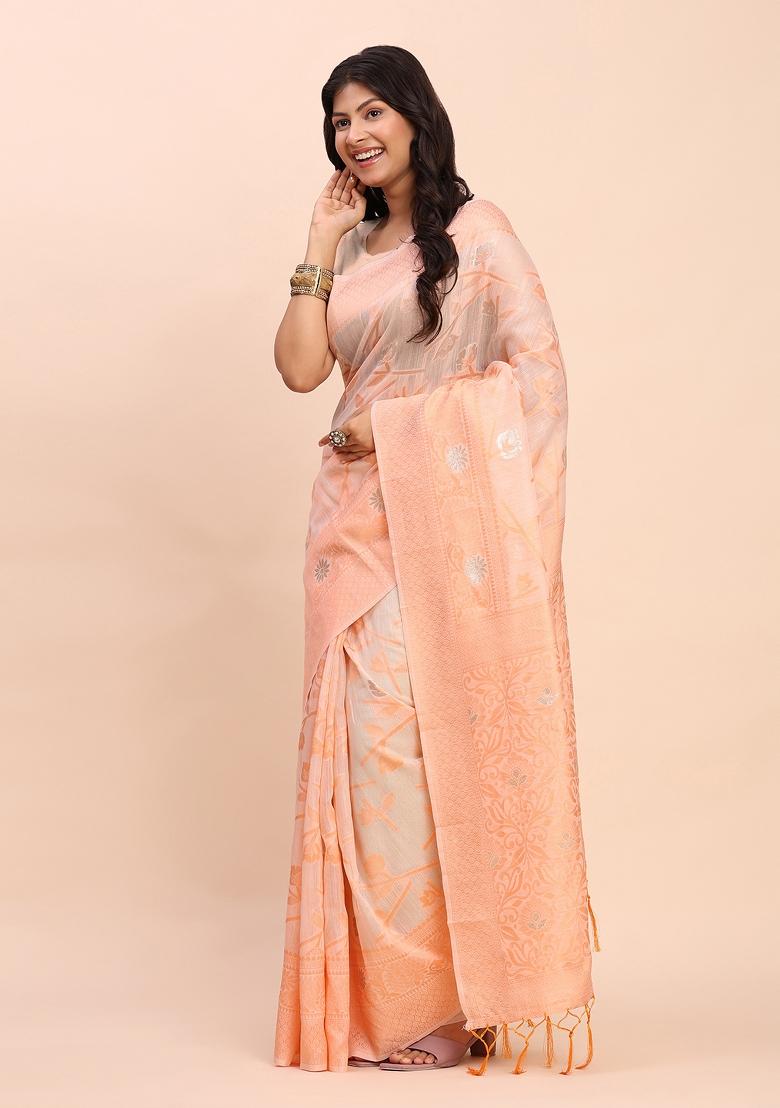 Peach Embroidered Cotton Saree Set - Indya