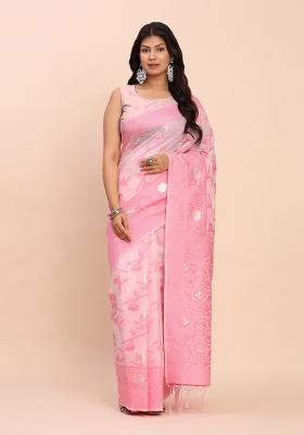Pink Embroidered Cotton Saree Set