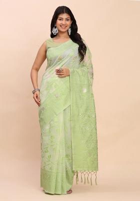 Green Embroidered Cotton Saree Set