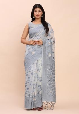 Grey Embroidered Cotton Saree Set