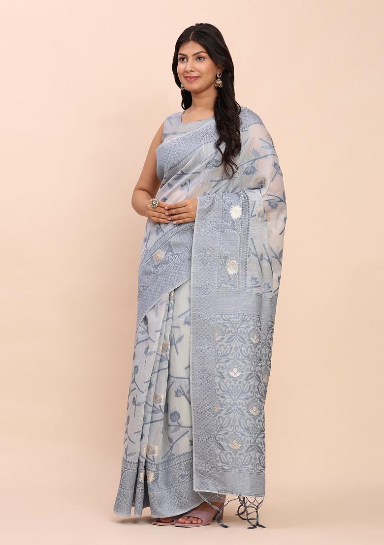 Grey Embroidered Cotton Saree Set - Indya