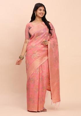 Peach Embroidered Cotton Saree Set