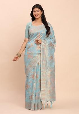 Blue Embroidered Cotton Saree Set