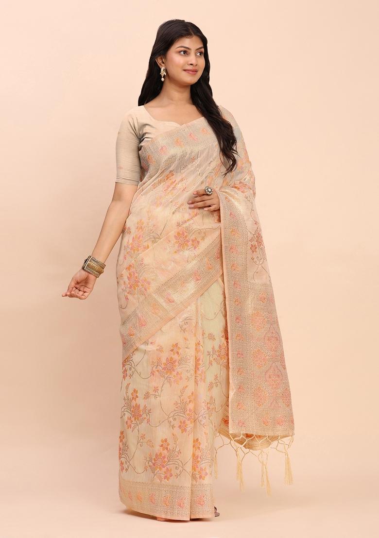 Beige Embroidered Cotton Saree Set - Indya