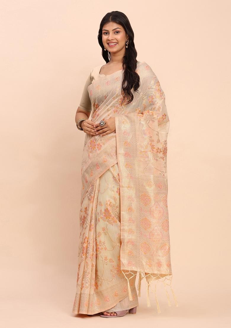 Beige Embroidered Cotton Saree Set - Indya
