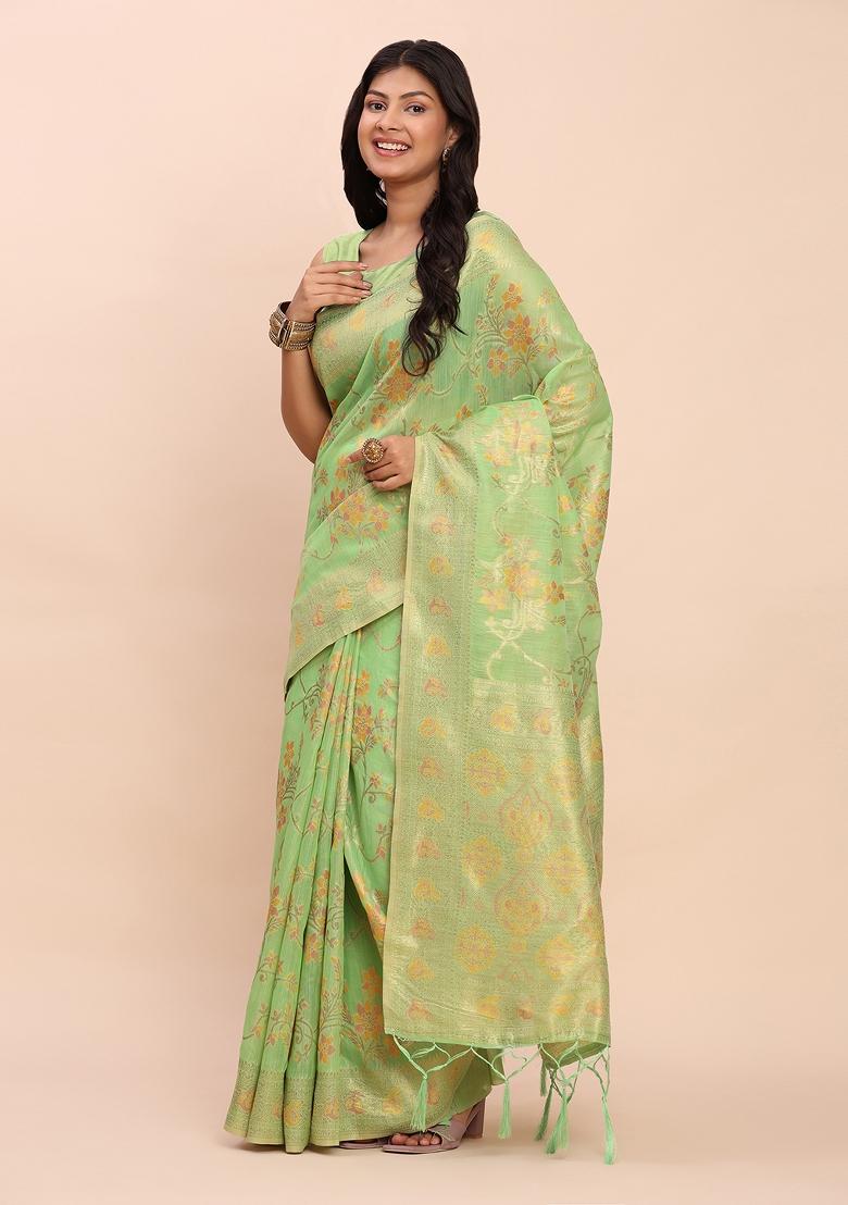 Green Embroidered Cotton Saree Set - Indya
