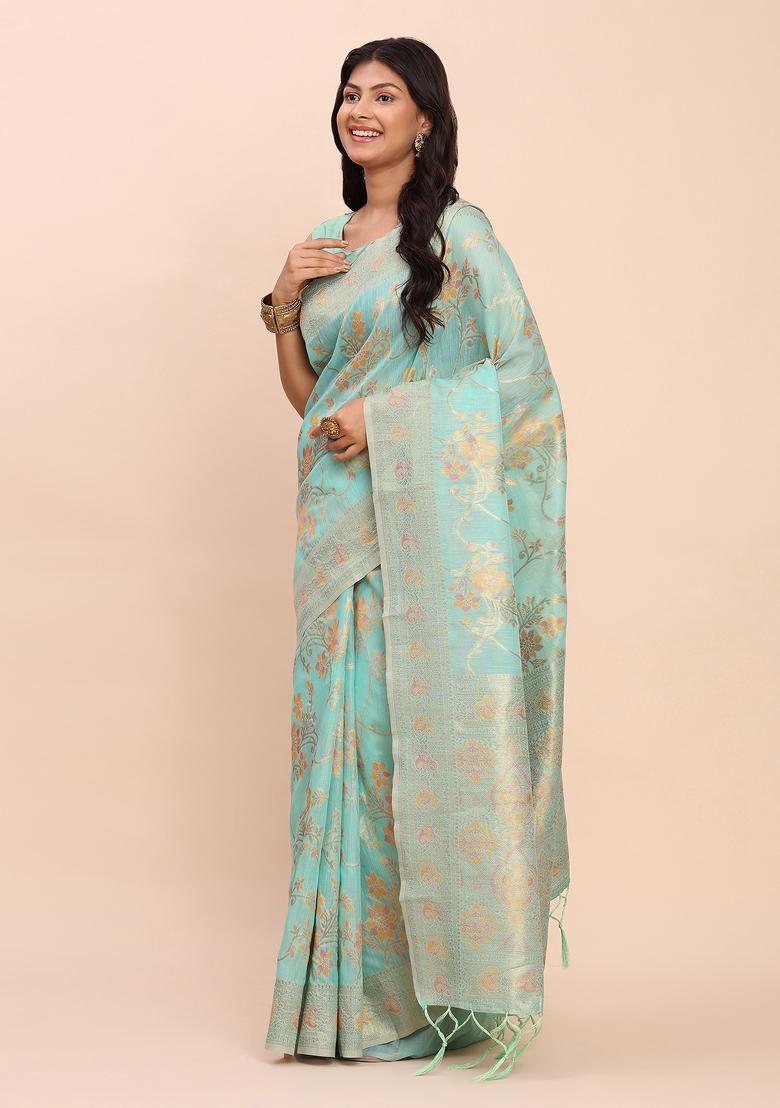 Green Embroidered Cotton Saree Set - Indya