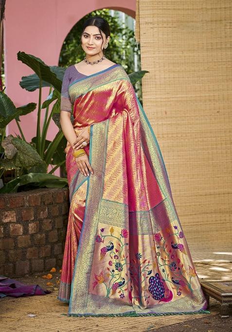 Pink Embroidered Silk Saree Set