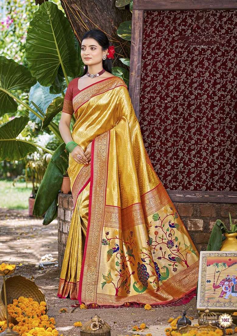 Yellow Silk Saree Set with Embroidered for Diwali | Wedding & Festive Wear - Indya