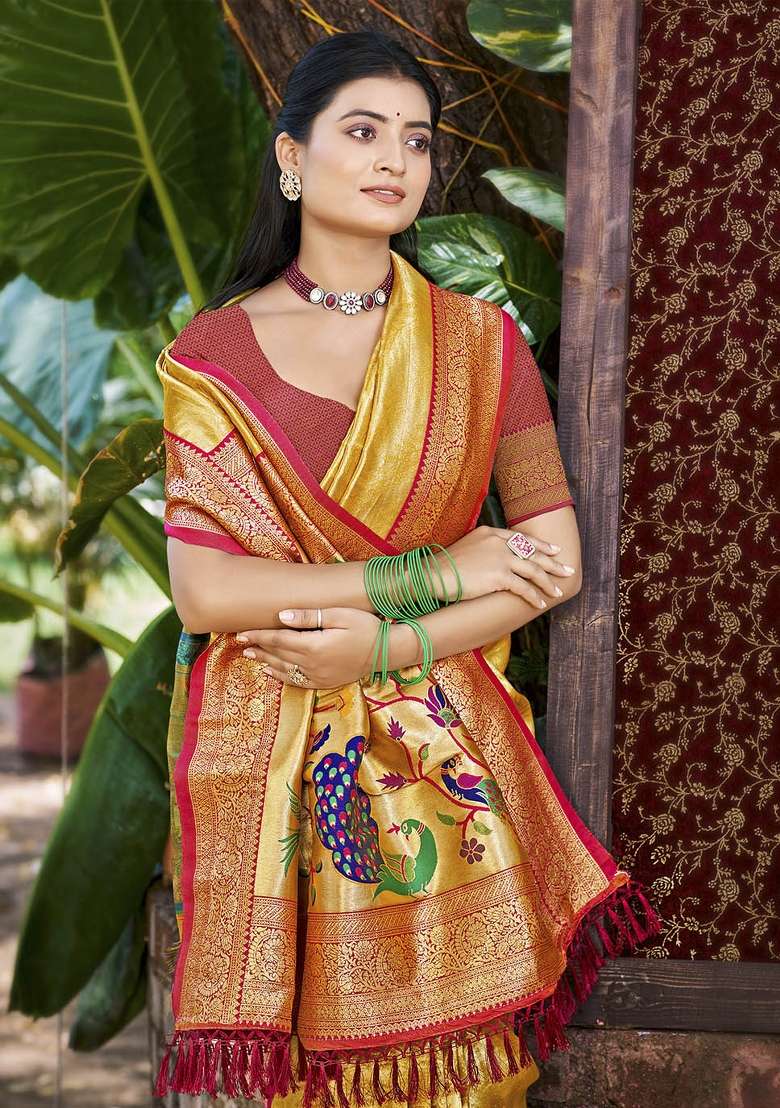 Yellow Silk Saree Set with Embroidered for Diwali | Wedding & Festive Wear - Indya