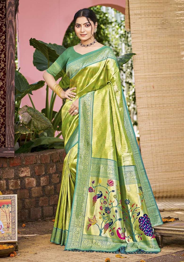 Green Silk Saree Set with Embroidered for Diwali | Wedding & Festive Wear - Indya