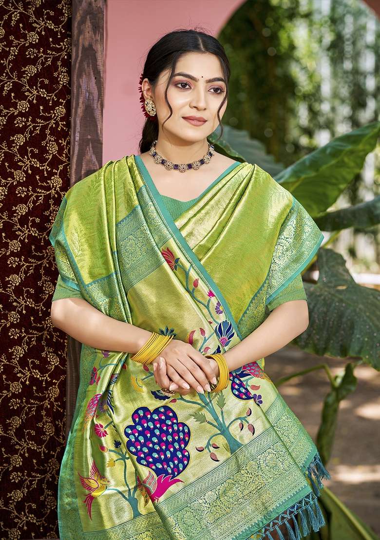 Green Silk Saree Set with Embroidered for Diwali | Wedding & Festive Wear - Indya