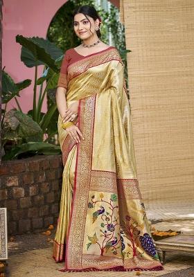 Beige Embroidered Silk Saree Set